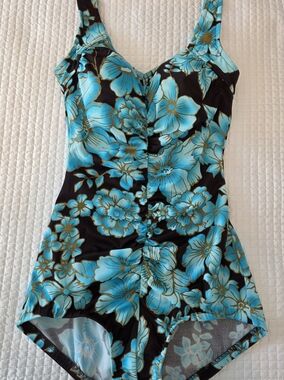 Maxine of Hollywood Turquoise & Brown Floral One-Piece Swimsuit